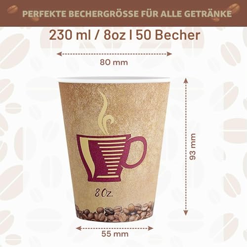 Foto von MaxxCore® Kaffeebecher To Go Pappe 230ml 50er Pack - Cappuccinotassen Pappbecher Einweg für Kaffee & Tee - Einwegbecher für Heißgetränke - Recyclebare Papp Becher für Party, Picknick oder Unterwegs