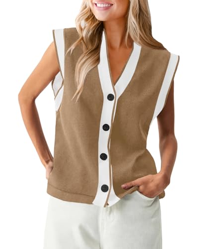 Saodimallsu Womens V Neck Sweater Vest Button Down Cap Sleeve Summer Trendy Color Block Loose Knit Tank Tops