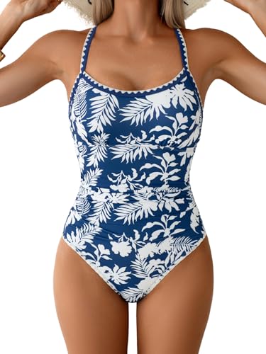 Image of Eomenie Women's One Piece Swimsuit Tummy Control Slimming Bathing Suit Ruched Swimwear Tie Back Shell Stitch Swim Suit