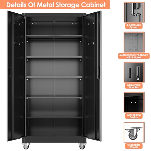 Image of Garage Storage Cabinet with Wheels & Pegboard Doors, 71-Inch, Black
