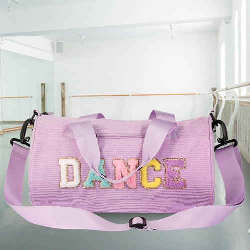 Image of Dance Ballet Bag for Girls Sport Gym Duffle Bags Overnight Travel Bags Fun Dance Corduroy Chenille Letter Bag for Dancers (Purple)