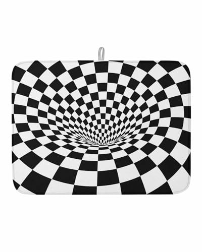 Dish Drying Mat for Kitchen Counter,3D Checkerboard Tunnel Absorbent Microfiber Drainer Rack Pad Black White Optical Illusion Quick Dry Mat for Sinks Dishes Utensils 18x24in,1 Pack