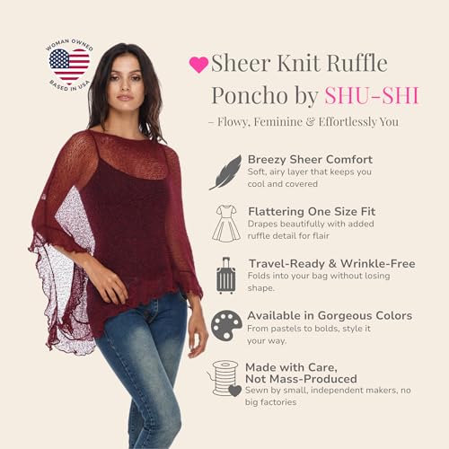 Image of SHU-SHI Women's Sheer Knit Poncho Shrug Lightweight Asymmetrical Ruffle Wrap Dressy Summer Shawl Cover Up Top