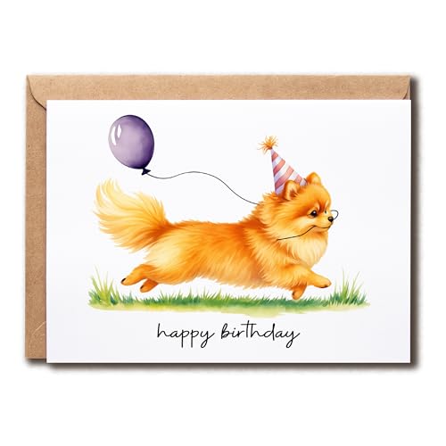 Pomeranian Dog With Balloon Card - Happy Birthday Greeting - Unique Congrat - Pomeranian Pet Lovers - Blank Inside - Bday Card