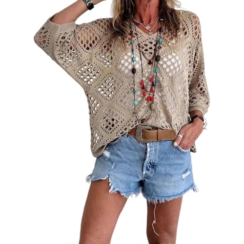 Haut en crochet beige femme bohème col en V pour look tendance été