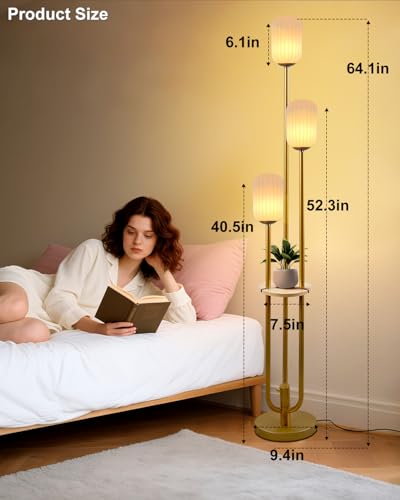 Image of Floor Lamp for Living Room, Dimmable Vintage Floor Lamp with Shelf & LED Bulbs, 3 Light 3000K Soft Warmwhite Mid Century Standing Lamp, Tall Lamps with 5Lbs Heavy Base for Bedroom Office