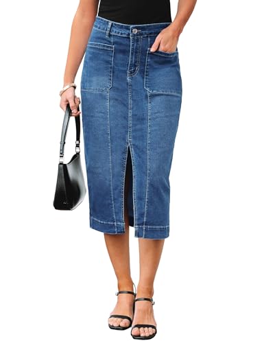 luvamia Jean Skirts for Women Denim Trendy Casual Resort Wear for Women 2025 Stretchy High Waisted Slit Midi Skirt with Front Pockets Medium Blue Large US Size 12 Size 14