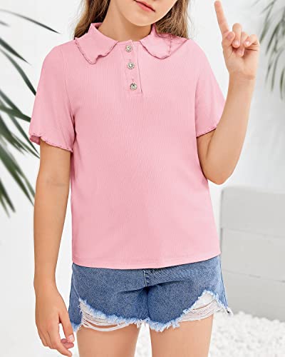 Sysea Girls Short Sleeve Tops Basic Peter Pan Collar Knit Button Down Shirts Pink #TOP2