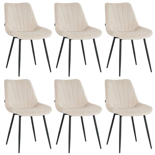 Mevsim Store Lot de 6 Chaises Salle à Manger Beige en Velours – Chaises Ergonomiques avec Assise Confortable, Dossier Courbé et Pieds Métal Noir – Style...