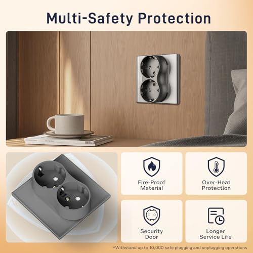 BSEED Schuko Steckdose 2 Fach auf einem Sockel, unterputz Steckdose Glas, Doppelsteckdose Unterputz passt in einem Unterputzdose, Doppel Wandsteckdose 16Amp EU Steckdose Grau - 86mm