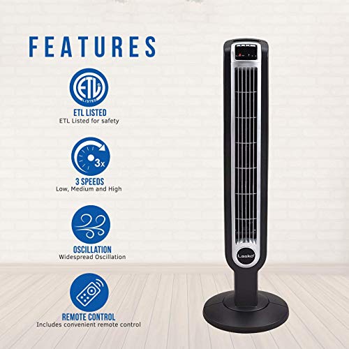 Lasko Oscillating Tower Fan, Remote Control, 3 Speeds, For Bedroom, Kitchen, Office, 36", Black, 2511 & 2535 52" Oscillating Pedestal Fan, 52 Inch, Silver Gray #TOP2