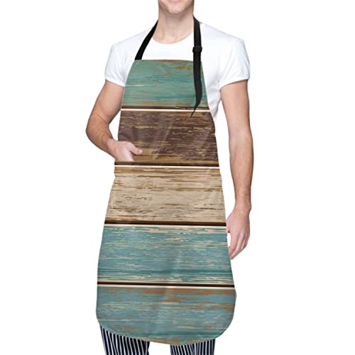 Giwawa Vintage Wood Board Apron Rustic Teal Brown Wooden Cooking Apron With Adjustable Neck & Pockets Farmhouse Cabin Country Style Waterproof Kitchen Apron For Women Men Chef Bbq Painting #TOP1