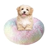 otoez Round Plush Donut Pet Bed Warm Fur Cuddler Dog Cat Cushion Bed Calming Bed Non-Slip Bottom (15.7', Rainbow)