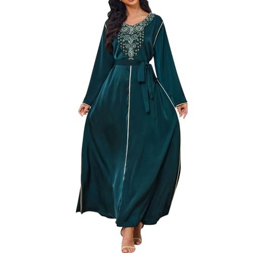 WVONIF Robe de Mariage Musulmane Robe de soirée Longue musulmans Robe Orientale Mariage Caftan Kaftan Femme marocain Blanc Abaya Femme Dubai Kimono Robe priere Vert foncé