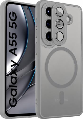 Image of Elzzi MagSafe Compatible Case for Samsung Galaxy A37 5G - Matte Shockproof Hybrid Protective Cover with Built-in Camera Lens Protection, Slim Anti-Fingerprint TPU+PC Back Case (Grey)