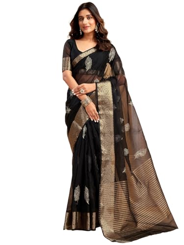 Image of Satrani Women's Organza Sequins Embroidery Jacquard Saree with Unstitched Blouse Piece
