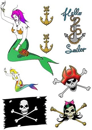 Pirate Sailor Nautical Theme Mermaid Anchor Skull Flag Hello Sailor Temporary Tattoos,Fancy Dress,Kids Fun Party, Hen/Stag, Costume/Outfit Accessories