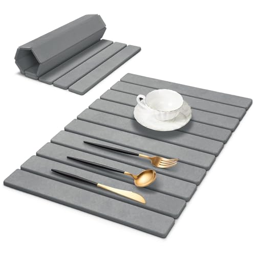 DAWNTREES Stone Drying Mat for Kitchen Counter, 40x30 cm Large Stone Dish Drying Mat Foldable, Absorbent Diatomaceous Earth Bath Mat Quick Dry for Kitchen Dishes Bottles Cups Bathroom Any Countertop