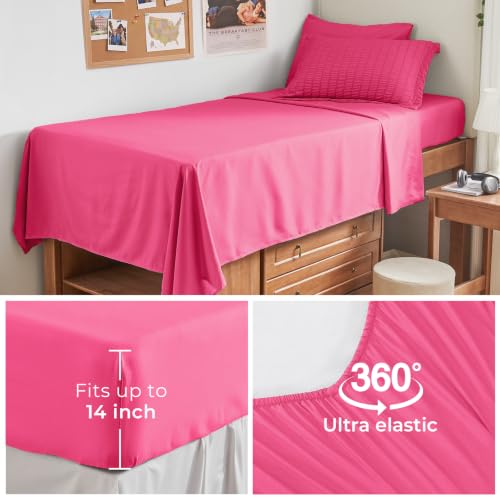 Image of HYMOKEGE Hot Pink Twin XL Comforter Set Seersucker 5 Pieces, All Season Luxury Bed in a Bag for Bedroom, Bedding Set with Comforter, Sheets, Pillowcase & Sham