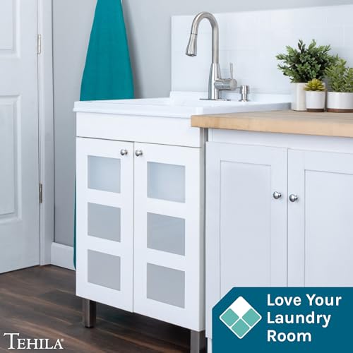 Image of White Utility Sink in White Vanity, Stainless Steel Pull-Down Sprayer Faucet, Soap Dispenser and Spacious Cabinet by JS Jackson Supplies for Garage, Basement, Shop and Laundry Room