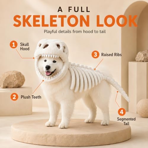 Skeleton Costume for Dogs and Cats, Soft Plush Hooded Halloween Pet Outfit for Medium and Large Breeds, Parties and Family Photos (White, 35.5IN) — view 3