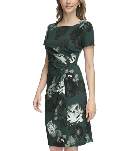 Calvin Klein Print Scuba Crepe Square Neck Short Sheath with Ruch...