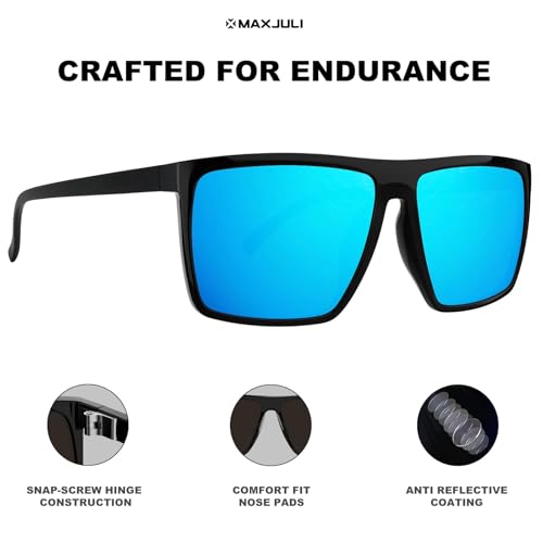 MAXJULI Polarized Sunglasses for Men Lightweight TR90 UV400 Protection Square Sun Glasses Black/Ice Blue 81423