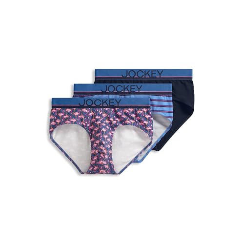 Jockey Men's Underwear True Style Brief - 3 Pack, Flamingo Geo/True Navy/Detail Stripe, M