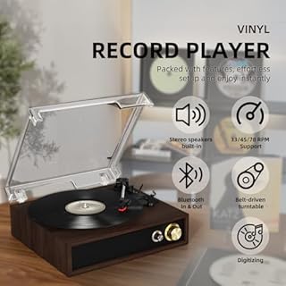 FYDEE Giradischi, con USB per Riproduzione e Registrazione, Bluetooth Bidirezionale, 3 velocità (33/45/78 giri), Altoparlanti stereo integrati, Uscita RCA e Copertura Antipolvere - Ebano