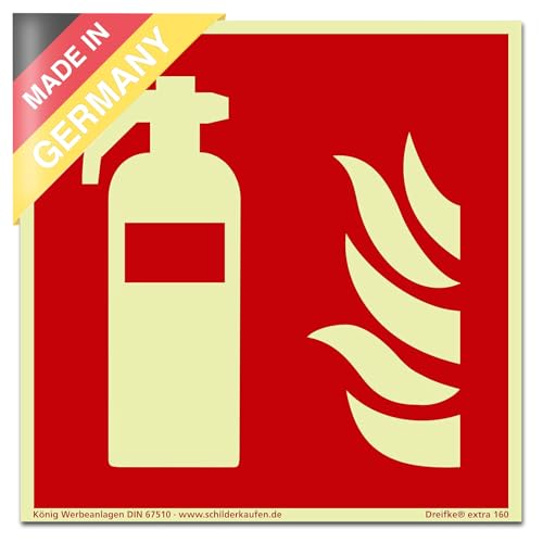 Schild Feuerlöscher | extra langnachleuchtend | PVC selbstklebend 148x148mm | DIN EN ISO 7010 F001 | DIN 67510 (Brandschutzzeichen) Dreifke® extra 160