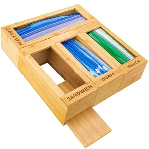 mHomeAid Bag Storage Organizer – Bamboo Food Plastic Baggie Holder, Dispenser, and Container for Kitchen Drawer – Fits Ziplock and Ziploc Gallon, Quart, Sandwich & Snack Sized Slider Bags (Bamboo)