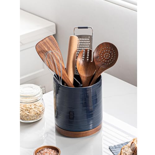 Image of Utensil Holder, 360 Rotating Extra Large Ceramic Kitchen Utensil Holder for Countertop, 7.3 inch Cooking Utensil Crocks for Kitchen Counter with Rotatable Wooden Base, Farmhouse Decor, Dark Blue