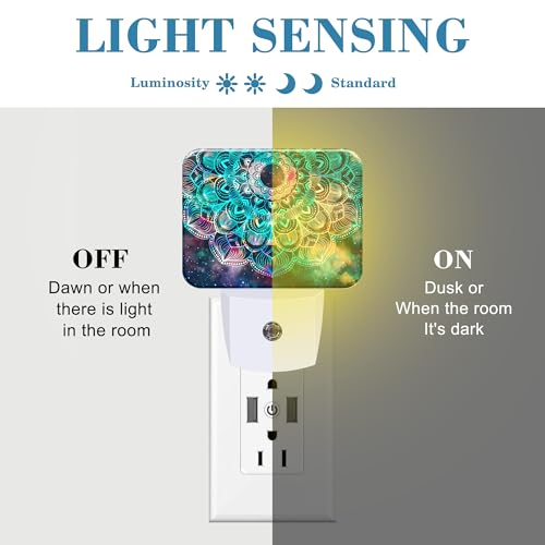 Image of Abstract Mandala Flowers Plug in Night Lights, Colorful Galaxy Mandala Nightlight Plug Into Wall Dusk to Dawn Sensor for Kid Girls Boys Women Men Room, Hallway, Kitchen, Bathroom, Stairs Decor