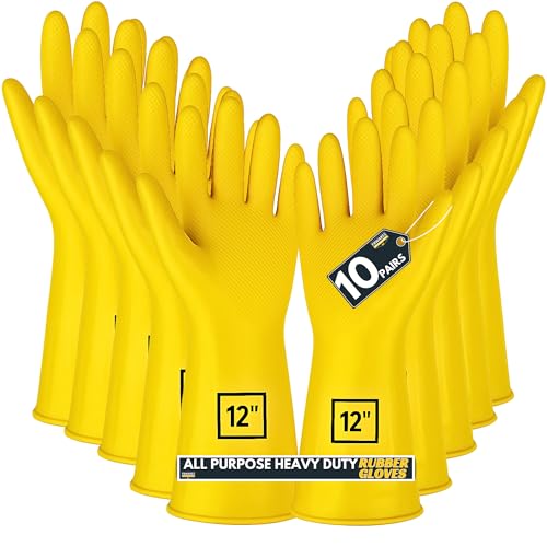 Image of F8WARES 10 Pairs All Purpose Heavy duty Rubber Hand Gloves for Cleaning, Kitchen, Washing Utensils, Gardening, Industrial, Safety, Construction & More - Waterproof Bathroom & Toilet Gloves
