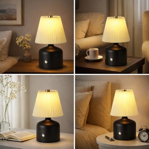 Image of One94Store Pleated Shade Table Lamp Touch Control Dimmable with 3 Light Modes (Warm, White, Neutral) USB Rechargeable Decorative Desk Lamp for Bedroom & Living Room