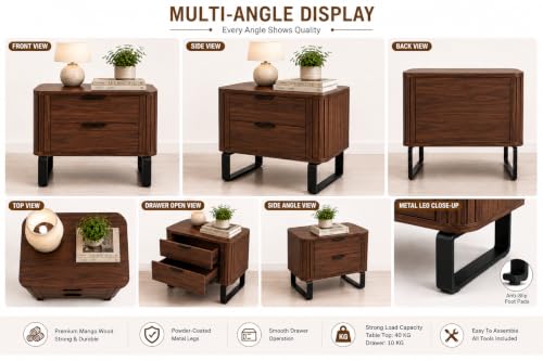 KUBER FURNITURE Solid Wood Bedside Table, Walnut, 2 Drawers Walnut 6 - Image 4