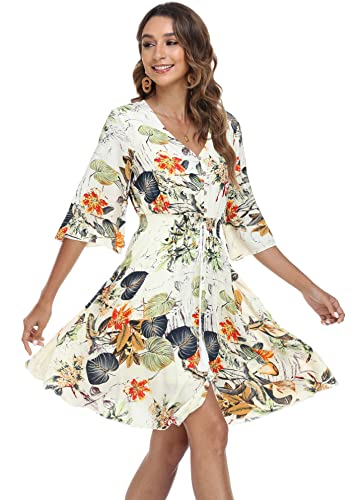 Image of VintageClothing Women's Floral Sundresses Flowy Boho Summer Beach Dress | Lightweight Breathable material,Elegant V Neck and Button Front Design,Flared Bell Sleeve Cut,Mini Casual dress