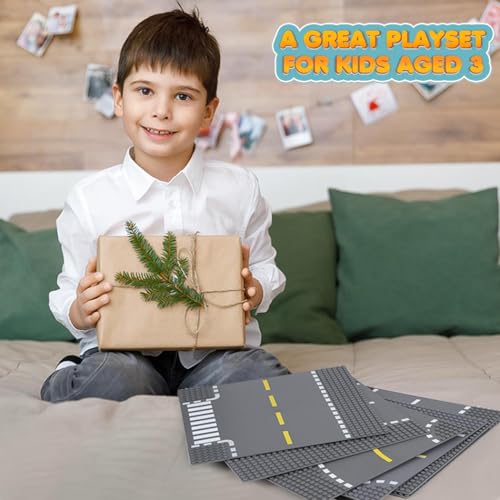 Image of Lekebaby 16 Pack 10 inch x 10 inch City Street Baseplates, 4 Curve / 4 T-Junction / 4 Straight / 4 Junction, Grey, HO Scale, Compatible with Major Brands