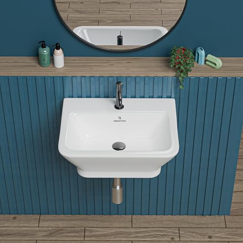 Image of REMOTION Ceramic Wall Hung Corner Wash Basin for Bathroom | Wall Mounted Corner Sink for Small Bathrooms & Powder Rooms | Space-Saving, Durable & Stylish Design (15.7 x 13 x 6 Inch)