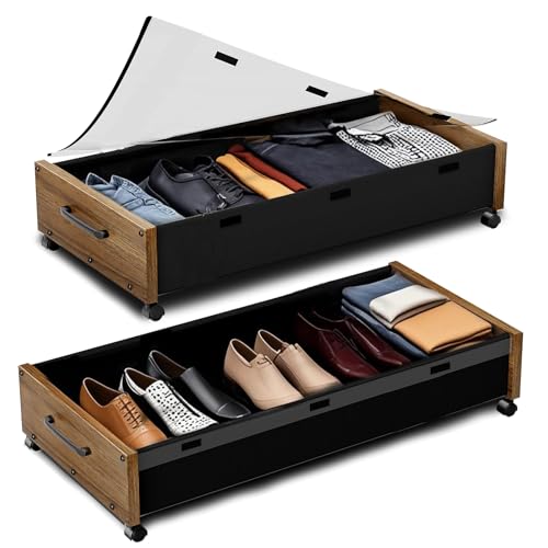 Under Bed Storage Containers with Wheels, Extra Large Wooden Underbed Shoes Organizer 2 Packs, Rolling Under the Bed Storage Drawers with Clear Lid, Heavy Duty Metal Frame for Clothes 36"L (Walnut)