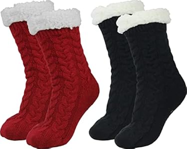 AMAZON - BenSorts Winter Thick Slipper Socks for Women Holiday Gift Warm Cozy Soft Fleece House Sherpa Socks Slipper Non Skid with Grippers Black Red 2 Pairs