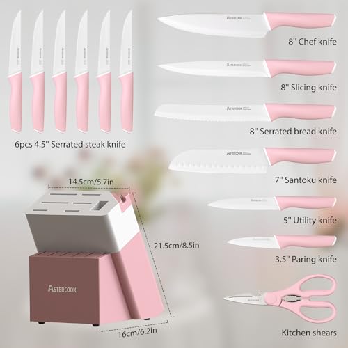 Astercook Knife Set, Kitchen Knives Set with Block and Sharpener Ceramic Coating 15 Pcs German Stainless Steel Knives Sharp Blade Dishwasher Safe Knife Block Set with Ergonomic Handle, Crystal Pink Astercook Knife Set, Kitchen Knives Set with Block and Sharpener Ceramic Coating 15 Pcs German Stainless Steel Knives Sharp Blade Dishwasher Safe Knife Block Set with Ergonomic Handle, Crystal Pink - Image 5