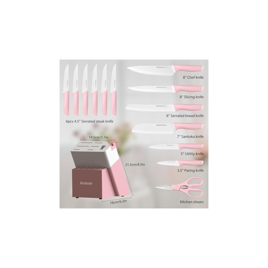 Astercook Knife Set, Kitchen Knives Set with Block and Sharpener Ceramic Coating 15 Pcs German Stainless Steel Knives Sharp Blade Dishwasher Safe Knife Block Set with Ergonomic Handle, Crystal Pink