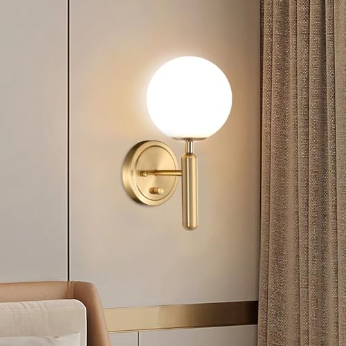 Image of Dimmable Wall Sconces with Knob Switch Hardwired Bathroom Wall Light Set of Two Decor Indoor Glass Globe Shade Gold Mid Century Modern Wall Lamp for Bedside Bedroom Living Room