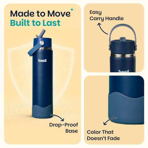 Image of Basil HydraFizz Stainless Steel Insulated Water Bottle for Kids & Adults | 800ml Leakproof Sipper Bottle with Carry Handle | Double Wall Vacuum Thermosteel Bottle for Home, Gym & Travel | Classic Navy