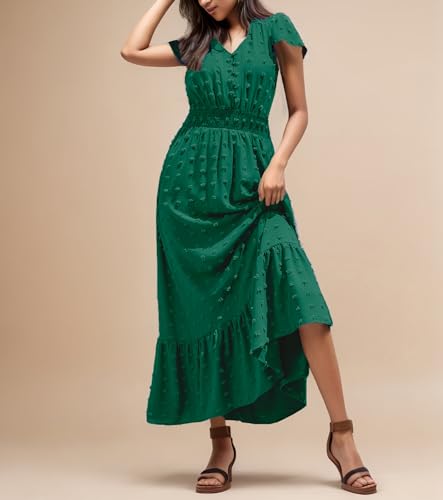 Robe longue d'été fluide chic et décontractée avec col en V à volants