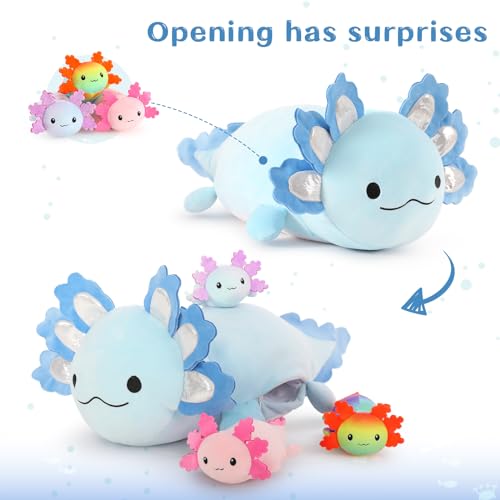 Image of MaoGoLan 23.5 inch Axolotl Plush with 3 Baby Axolotl Stuffed Animals | Large blue axolotl plush with 3 baby axolotls inside, great for cuddling, play, room decor, and gifts.