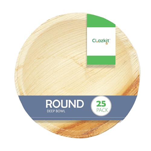 Clazkit 25 Pack Areca Deep Round Bowl| Like Wooden Bamboo | Eco Friendly, Biodegradable, Use and Throw Small Dona | for Serving Pasta, Soup & Snacks | Birthday, Wedding & Party | 5 Inch