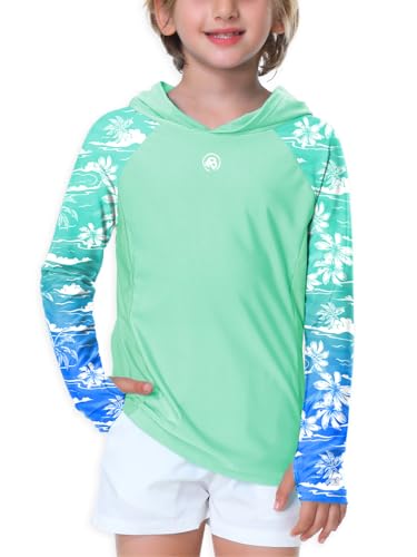 Image of AOBUTE Unisex Kids Long Sleeve Hoodie Rash Guard Boys UPF 50+ Swim Top with Thumb Hole 3-12 Years