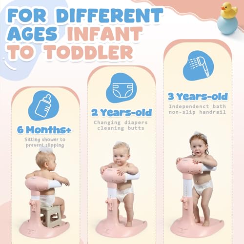 Image of Orzbow Baby Shower Stand, Collapsible Baby Bath Stand with Foldable Chair, Adjustable Height Toddler Shower Standing Support for Infant 6-36 Months, Anti-Slip Base, Easy-Use, Pink